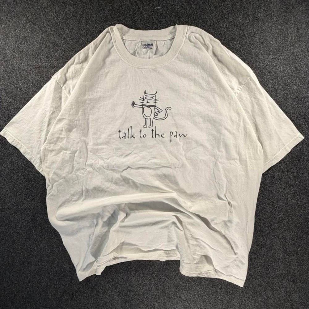 Gildan Ultra Cotton Talk to the Paw Cat Graphic T Shirt Vintage Funny White Tee